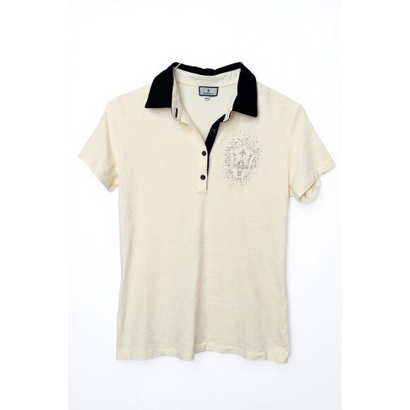 Maserati Women’s Rhinestone Logo Polo Shirt Size 2XL Cream Navy